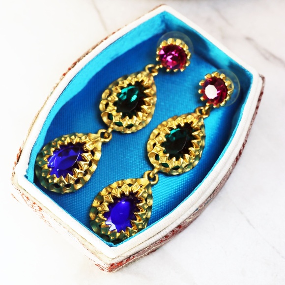 Vintage Ruby, Emerald & Blue Sapphire in Gold Setting Luxurious Pierced Earrings - Picture 8 of 12